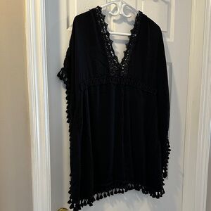 Beach Cover-Up Black Crochet V-Neck Tassel by blue island